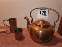 Antique copper teapot 11" t w/ cups