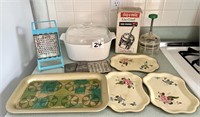 Mixed Kitchen Lot with Metal Trays, Food Chopper