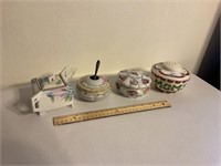 4 hand painted dishes with lids, 2 are Japanese
