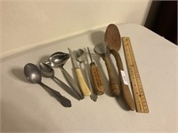 Silverware lot, ice pick, hand made wooden etched