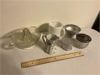 Vintage dish lot, glass, metal, mustache cup,