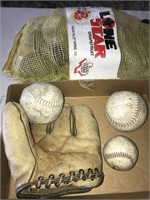 Vintage Leather Baseball Glove and 9 balls
