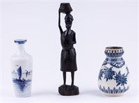 Ebony Carved Figurine & Two Vases