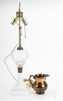 Oil Lamp, Copper Luster Pitcher & Glass Stopper