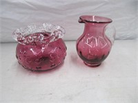 CRANBERRY TYPE VASE AND CANDLEHOLDER
