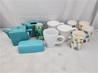 CERAMIC TEA POTS, MUGS, CUPS, & BUTTER DISH TOP