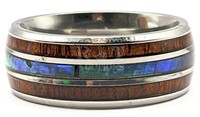 Stunning Tungsten Style Ring w Wood & Abalone Inla