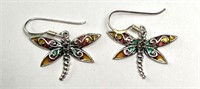 Sterling Inlaid Glass Dragon Fly Earrings 3 Grams