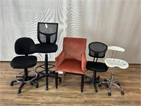 4pc Assorted Drafting Stools, 1pc Guest Chair