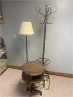 Hall tree, floor lamp, table