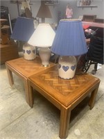 2 parquet top end tables, three lamps