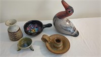 Pottery Duck, candle holder, dish & Raku bowl - ZE