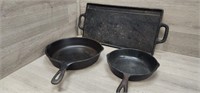 2 Cast Iron Frying Pans 10.5", 8" & 17" Grill