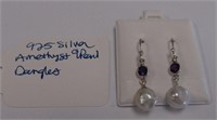 925 Amethyst/Pearl Dangle Earrings