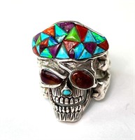 Large Solid Sterling Opal/Turquoise Skull Ring 15G