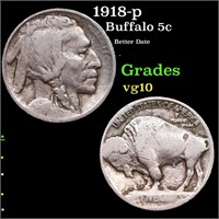 1918-p Buffalo Nickel 5c Grades vg+