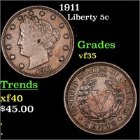1911 Liberty Nickel 5c Grades vf++