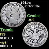 1911-s Barber Half Dollars 50c Grades vg+