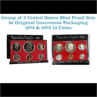 Group of 2 United States Mint Proof Sets 1974-75 1