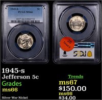 PCGS 1945-s Jefferson Nickel 5c Graded ms66 By PCG
