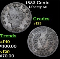 1883 Cents Liberty Nickel 5c Grades vf+