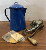 Blue Enamel Coffee Pot & Climax Food Chopper