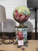 Antique Glass Floral Lamp with Chimney NO SHIP