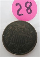 1865 2-cent piece, weak "WE", very fine