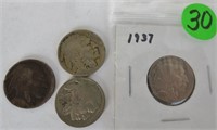 4 Buffalo nickels, 1920, 36, 37 & no date