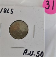 1865 3-cent nickel, AU-50