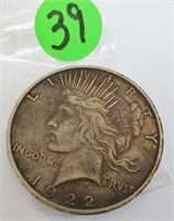 1922-D Peace silver dollar, very fine