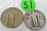 2 Standing Liberty silver quarters, 1924, 1927-D