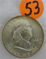 1948 Franklin silver half dollar, BU, first year