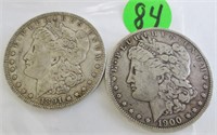 2 Morgan silver dollars, 1891-O & 1900-O, fines
