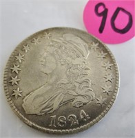 1824 Bust silver half dollar, x-fine+