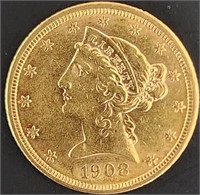 1908 $5 Liberty Head Gold MS67 $22.5k
