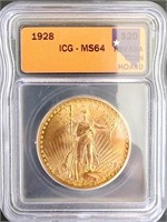 1928 $20 St. Gaudens Gold ICG MS64