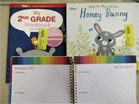 Children's book, workbook and outdated planner,