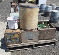 (3) Wood Crates, Glass Bottles & Misc