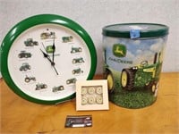 John Deere clock, tin, etc.