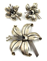 Taxco Sterling Floral Brooch and Earrings