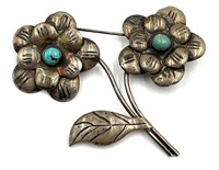 Taxco Sterling and Turquoise Flower Brooch
