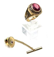 10K Gold Class Ring Gold Toned Tie Pin with Rubies
