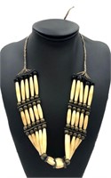 Bone Metal and Leather Beaded Necklace