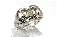 Sterling Silver Heart Hands Solitaire Opal Ring