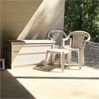 Patio Storage Box w/ Contents & Plastic Chairs