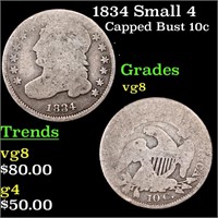 1834 Small 4 Capped Bust Dime 10c Grades vg, very