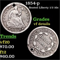 1854-p Seated Liberty Half Dime 1/2 10c Grades vf