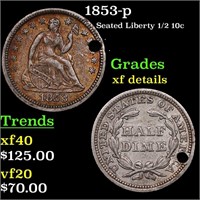 1853-p Seated Liberty Half Dime 1/2 10c Grades xf
