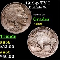 1913-p TY I Buffalo Nickel 5c Grades Choice AU/BU